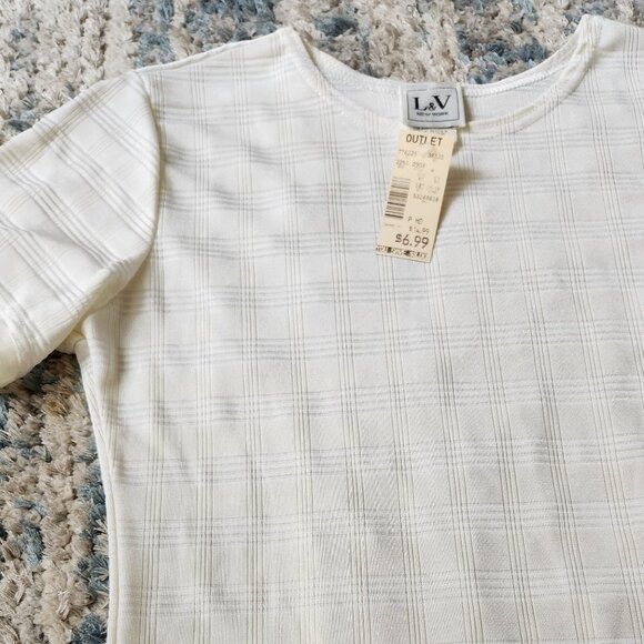 White Plaid Stripe Short Sleeve Blouse Medium Petite - Picture 5 of 11